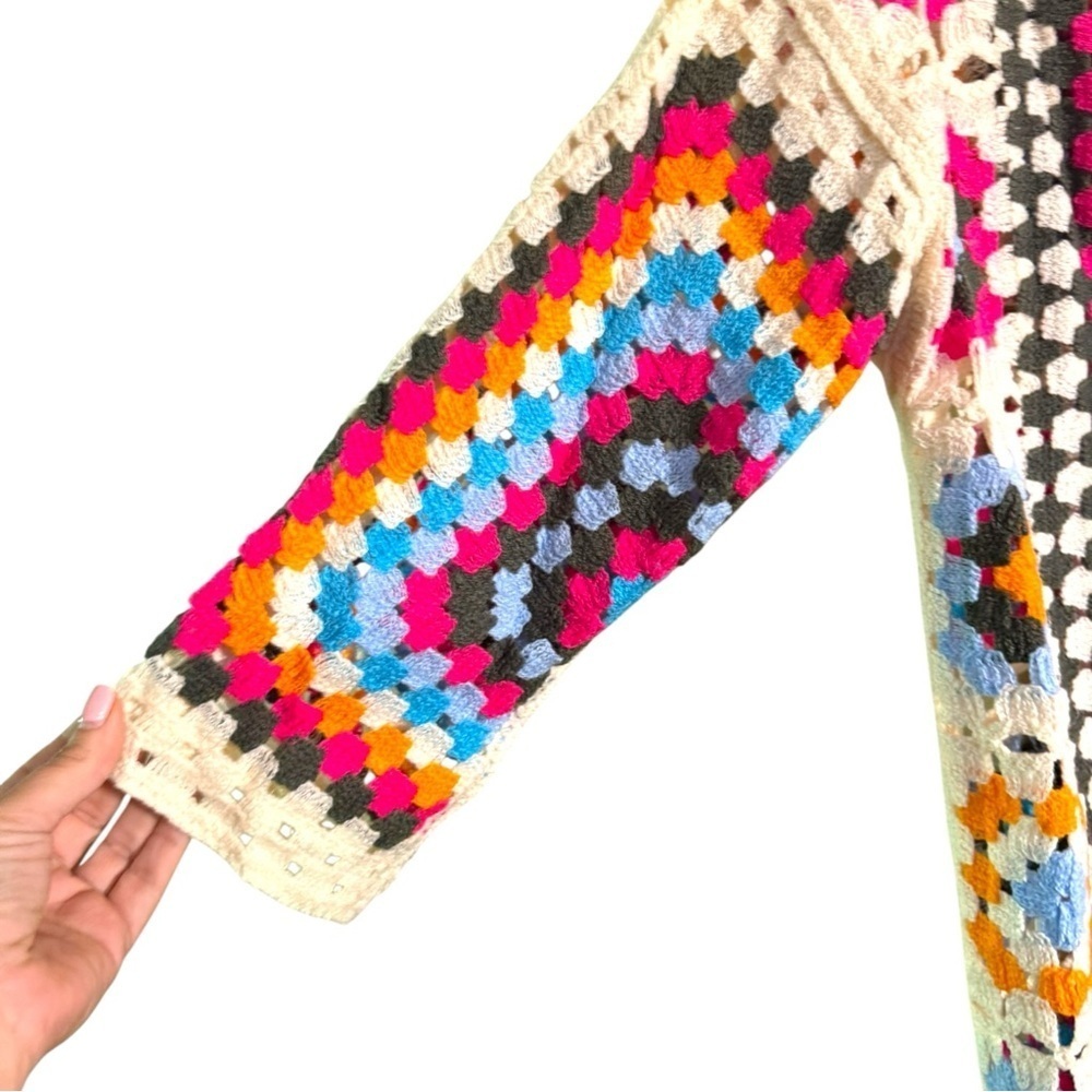 POL Multicolor Granny Square Crochet Kimono Cardigan Boho Festival Duster NWT - Picture 6 of 9